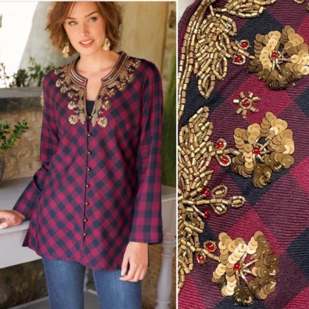SOFT SURROUNDINGS Webster Plaid Check Tunic Top Button Front SEQUINS & BEADS L